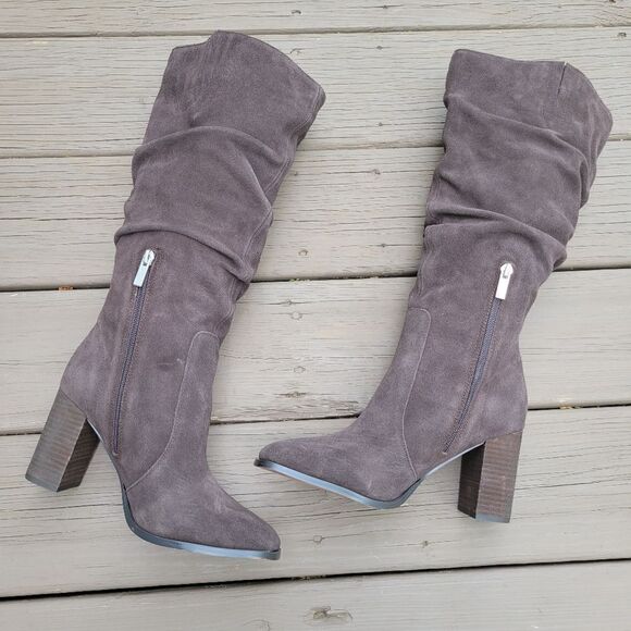 Splendid Chocolate Brown Suede Leather Square Toe Chunky Heel Slouchy Tall Boots - Picture 3 of 8